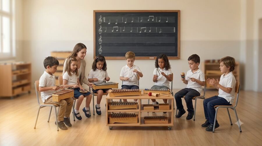Alumnos de iniciación musical tocando xilófonos y percusión de aula